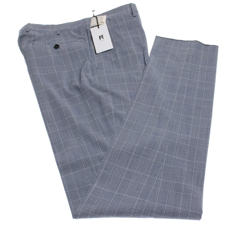 PT Torino NWT Dress Pants Size 50 (US 34) Slim Fit in Blue Check Wool Blend